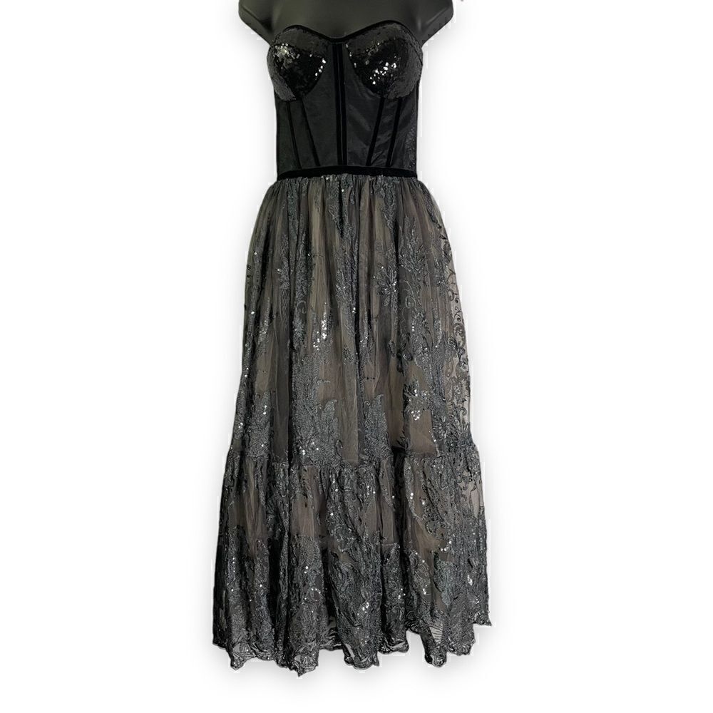 Milla Black Sequin Lace Tulle Midi Strapless Dress Corset